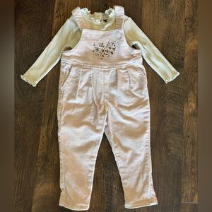 Jamie Kay pink corduroy overalls and Old Navy long sleeve shirt